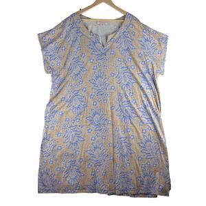 Stan Herman Caftan Dress Women's 3X Floral Beige Kangaroo Pocket Coastal Beach